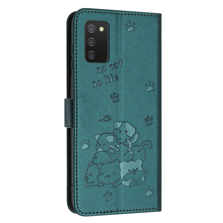 For Samsung Galaxy A02s 166mm Embossed Kitten Phone Leather Case with Lanyard