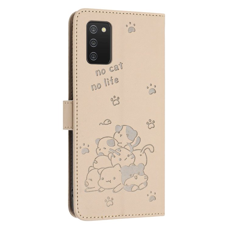 For Samsung Galaxy A02s 164mm Embossed Kitten Phone Leather Case with Lanyard