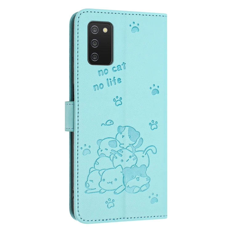 For Samsung Galaxy A02s 164mm Embossed Kitten Phone Leather Case with Lanyard