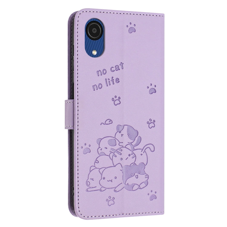 For Samsung Galaxy A03 Core Embossed Kitten Phone Leather Case with Lanyard