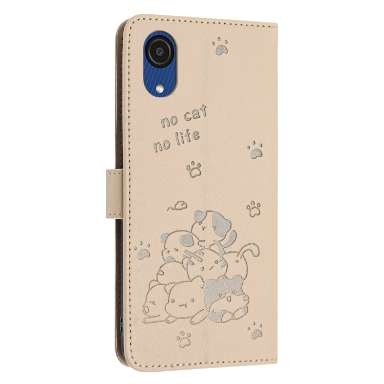 For Samsung Galaxy A03 Core Embossed Kitten Phone Leather Case with Lanyard