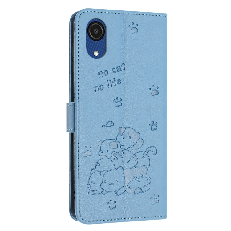 For Samsung Galaxy A03 Core Embossed Kitten Phone Leather Case with Lanyard