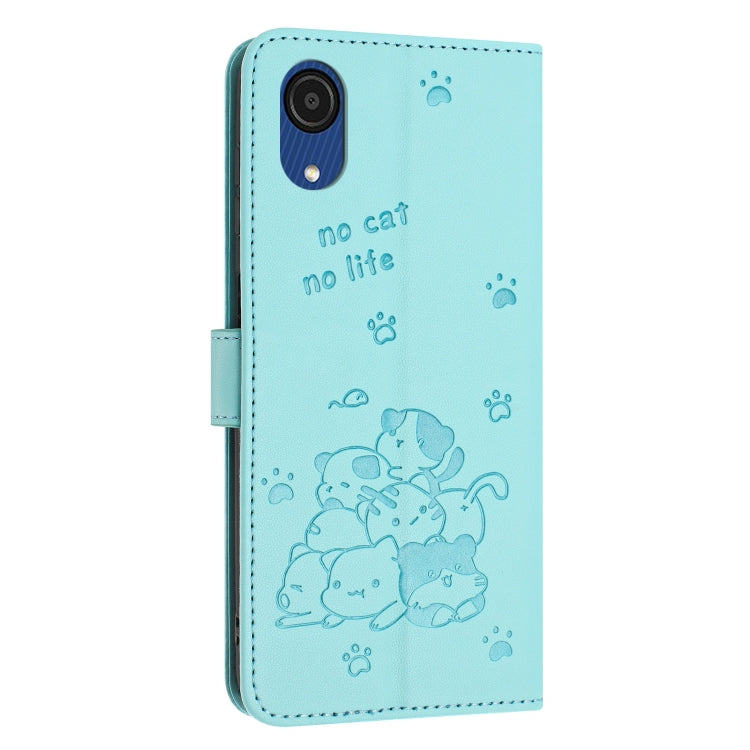 For Samsung Galaxy A03 Core Embossed Kitten Phone Leather Case with Lanyard