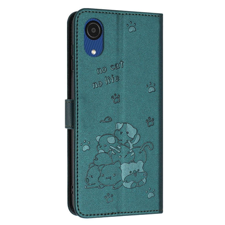For Samsung Galaxy A03 Core Embossed Kitten Phone Leather Case with Lanyard