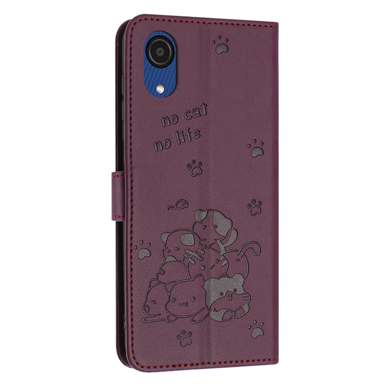 For Samsung Galaxy A03 Core Embossed Kitten Phone Leather Case with Lanyard
