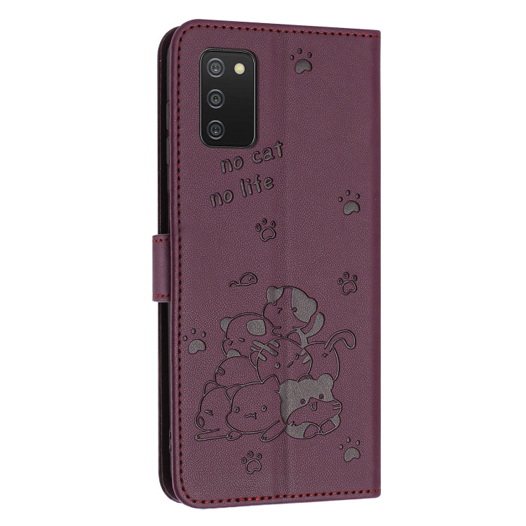 For Samsung Galaxy A03s 166mm Embossed Kitten Phone Leather Case with Lanyard