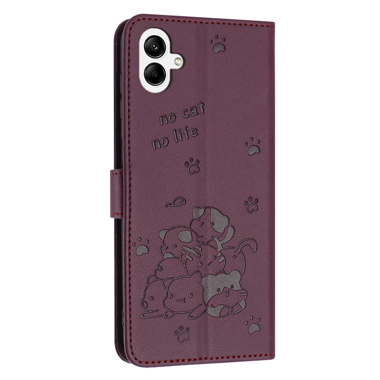 For Samsung Galaxy A05 4G Embossed Kitten Phone Leather Case with Lanyard