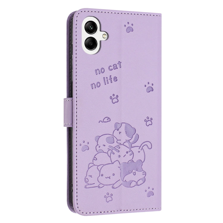 For Samsung Galaxy A06 4G Embossed Kitten Phone Leather Case with Lanyard