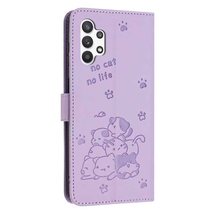 For Samsung Galaxy A13 5G / 4G Embossed Kitten Phone Leather Case with Lanyard