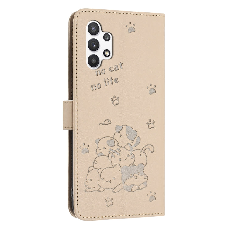 For Samsung Galaxy A13 5G / 4G Embossed Kitten Phone Leather Case with Lanyard