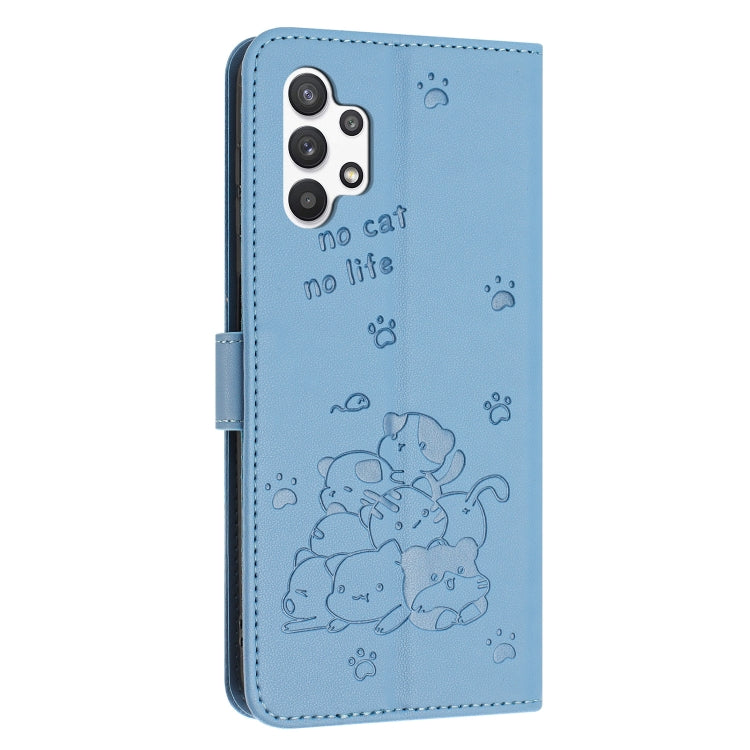 For Samsung Galaxy A13 5G / 4G Embossed Kitten Phone Leather Case with Lanyard