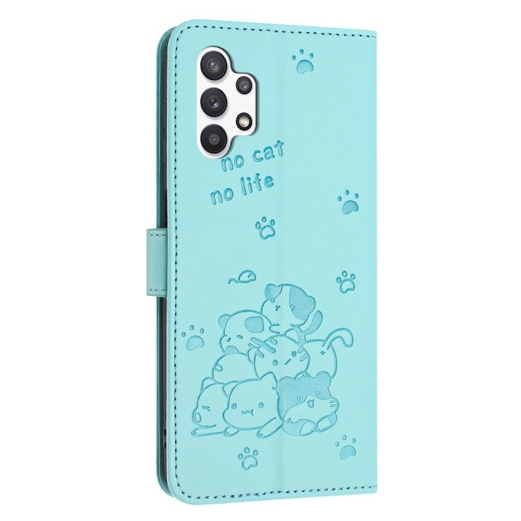 For Samsung Galaxy A13 5G / 4G Embossed Kitten Phone Leather Case with Lanyard