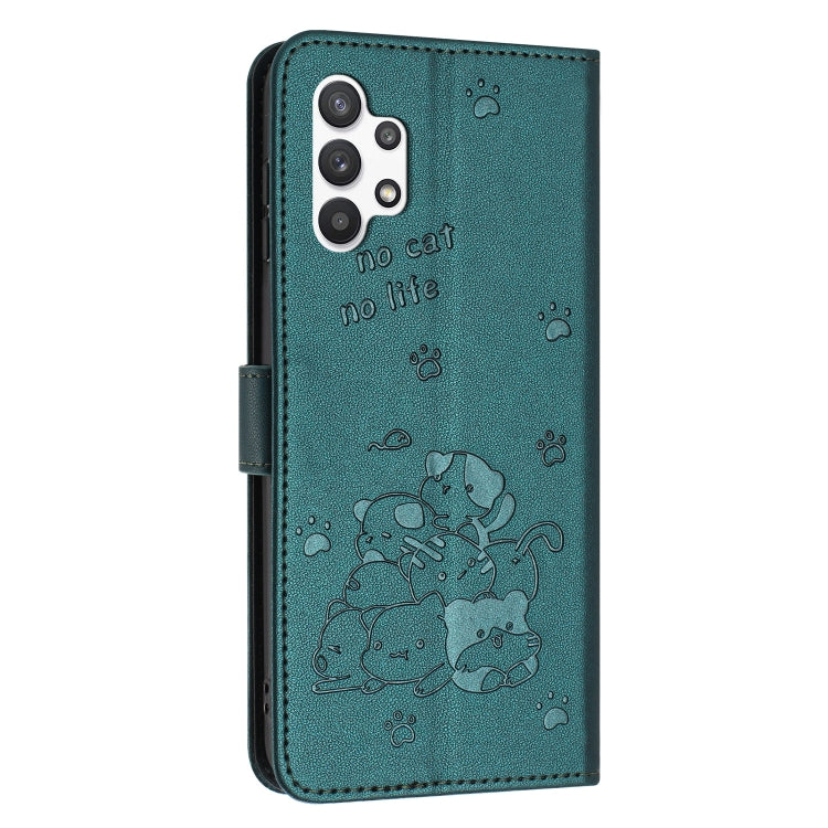 For Samsung Galaxy A13 5G / 4G Embossed Kitten Phone Leather Case with Lanyard