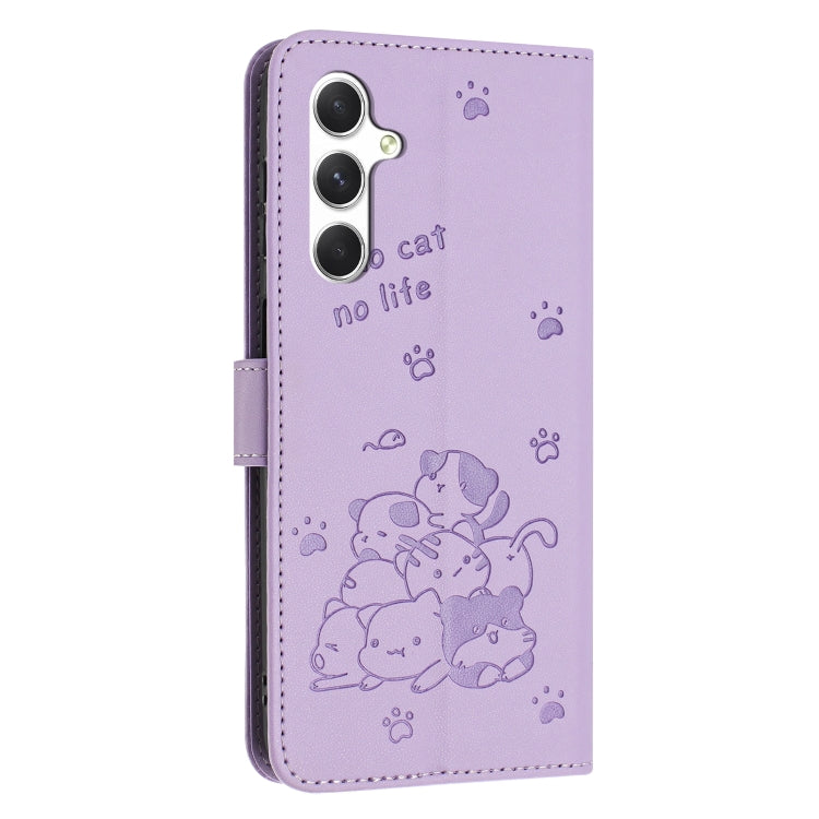 For Samsung Galaxy A14 4G / 5G Embossed Kitten Phone Leather Case with Lanyard