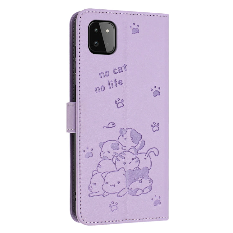 For Samsung Galaxy A22 5G / A22s 5G Embossed Kitten Phone Leather Case with Lanyard
