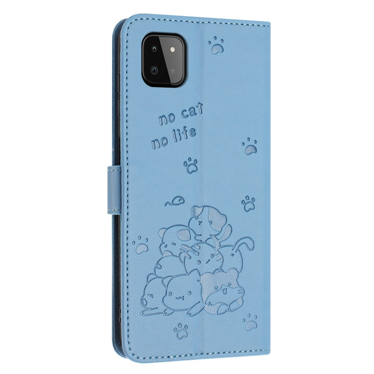 For Samsung Galaxy A22 5G / A22s 5G Embossed Kitten Phone Leather Case with Lanyard