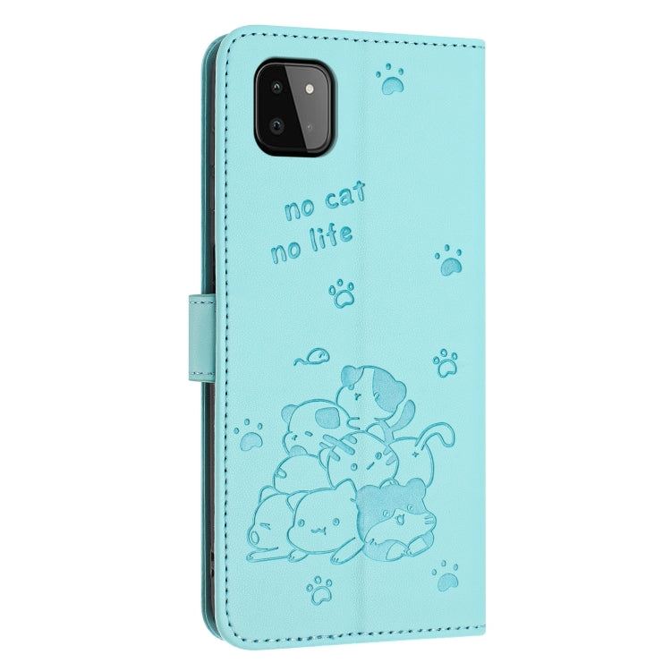 For Samsung Galaxy A22 5G / A22s 5G Embossed Kitten Phone Leather Case with Lanyard