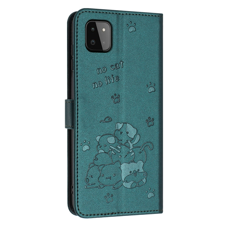 For Samsung Galaxy A22 5G / A22s 5G Embossed Kitten Phone Leather Case with Lanyard
