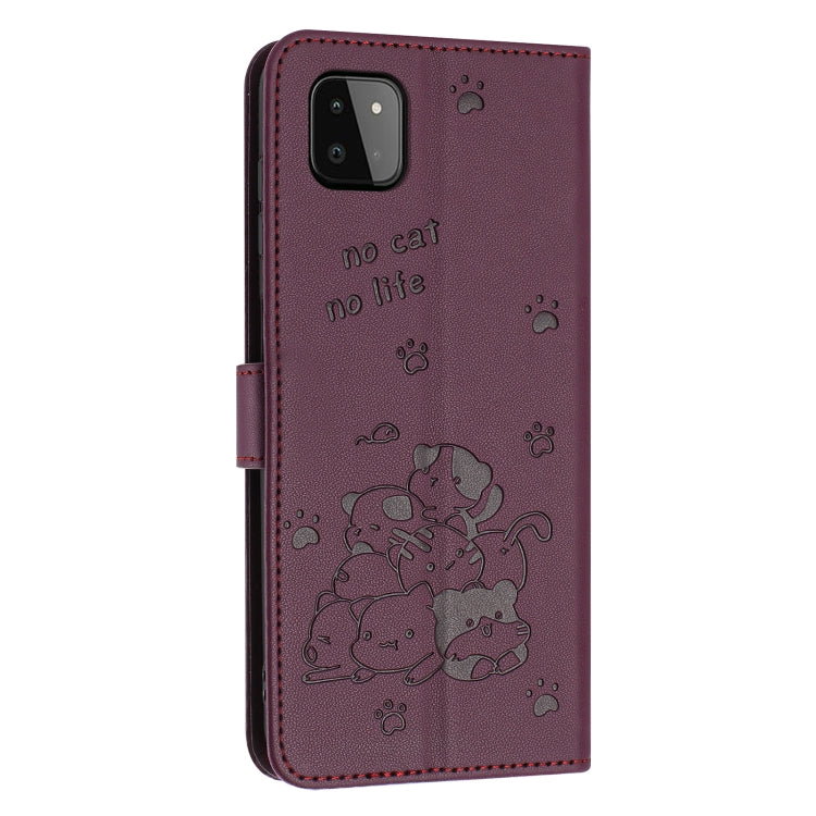 For Samsung Galaxy A22 5G / A22s 5G Embossed Kitten Phone Leather Case with Lanyard