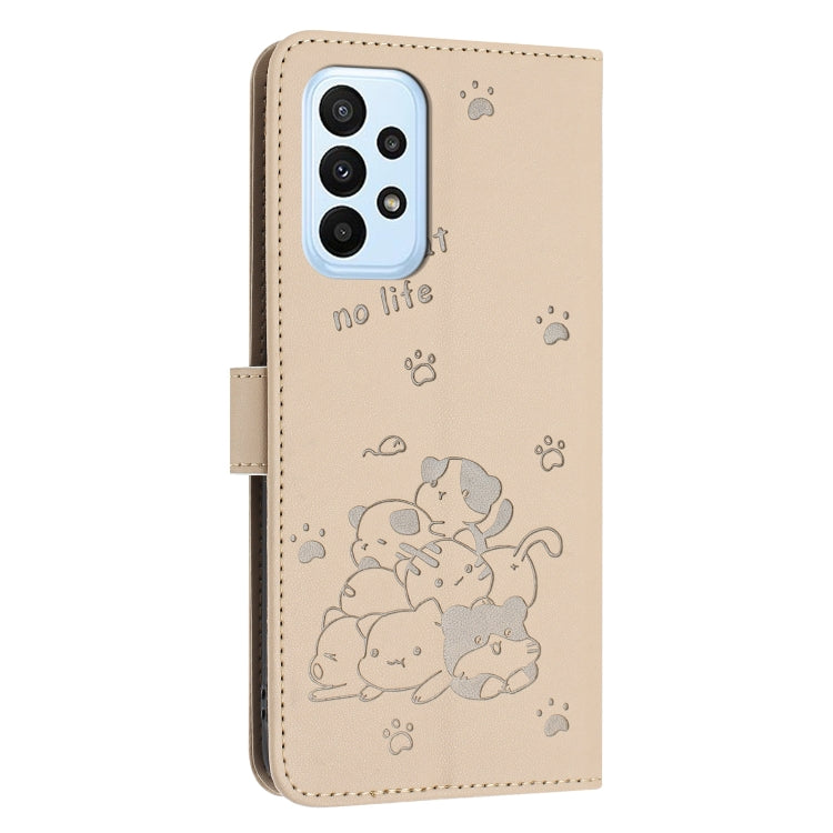 For Samsung Galaxy A23 4G / 5G Embossed Kitten Phone Leather Case with Lanyard