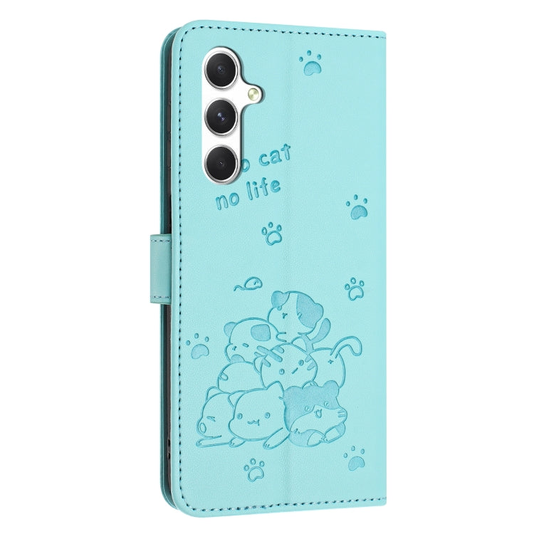 For Samsung Galaxy A35 5G Embossed Kitten Phone Leather Case with Lanyard