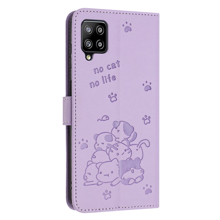 For Samsung Galaxy A42 5G / M42 5G Embossed Kitten Phone Leather Case with Lanyard