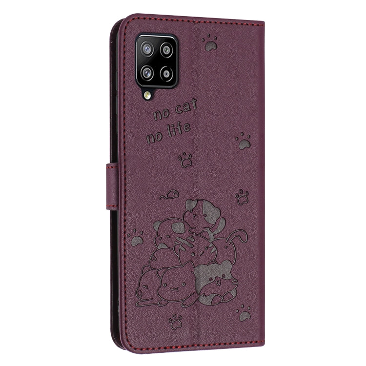 For Samsung Galaxy A42 5G / M42 5G Embossed Kitten Phone Leather Case with Lanyard