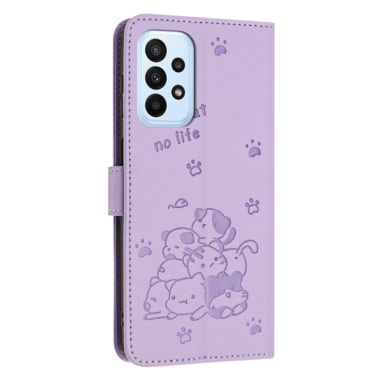 For Samsung Galaxy A72 4G / 5G Embossed Kitten Phone Leather Case with Lanyard