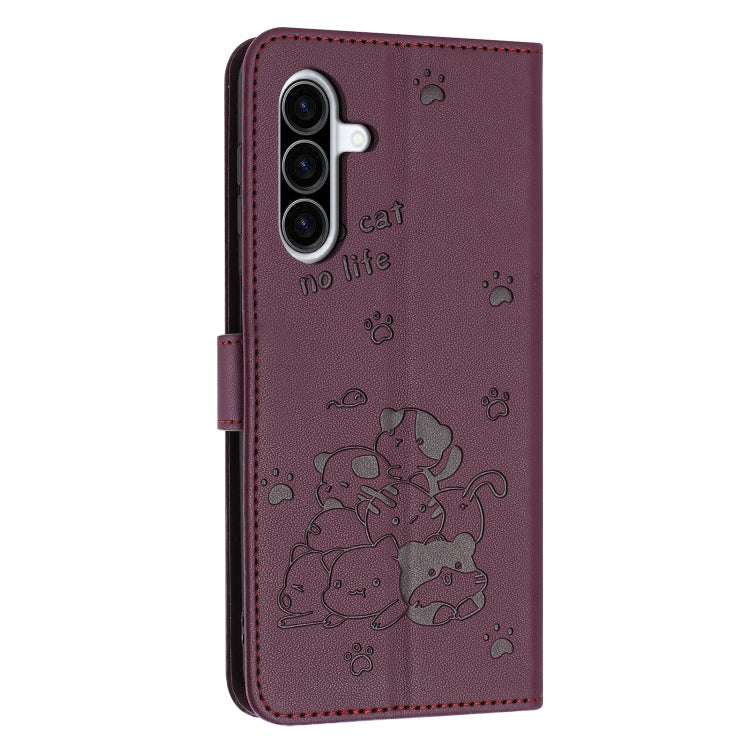 For Samsung Galaxy A36 5G Embossed Kitten Phone Leather Case with Lanyard