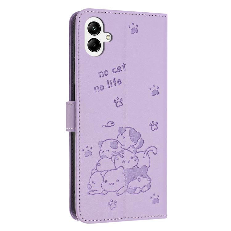 For Samsung Galaxy A07 4G Embossed Kitten Phone Leather Case with Lanyard