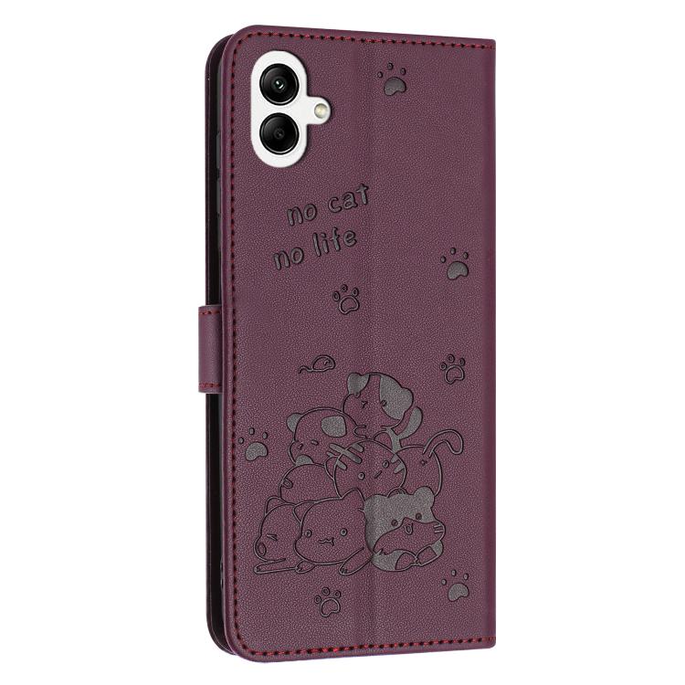 For Samsung Galaxy A07 4G Embossed Kitten Phone Leather Case with Lanyard