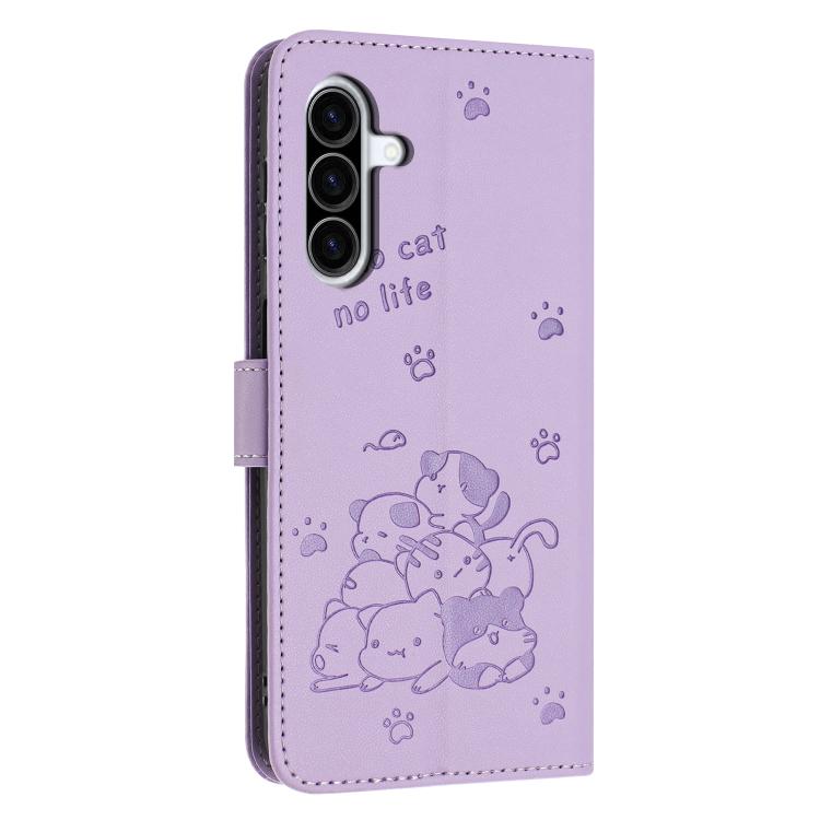 For Samsung Galaxy A57 5G Embossed Kitten Phone Leather Case with Lanyard