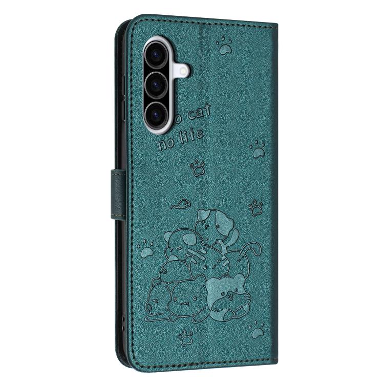 For Samsung Galaxy A57 5G Embossed Kitten Phone Leather Case with Lanyard