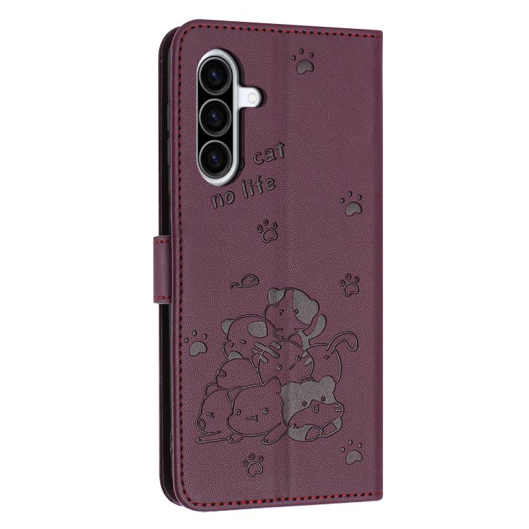 For Samsung Galaxy A57 5G Embossed Kitten Phone Leather Case with Lanyard
