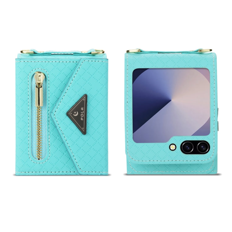 For Samsung Galaxy Z Flip6 POLA Grid Texture Multi-Card Slots Zipper Wallet Phone Case
