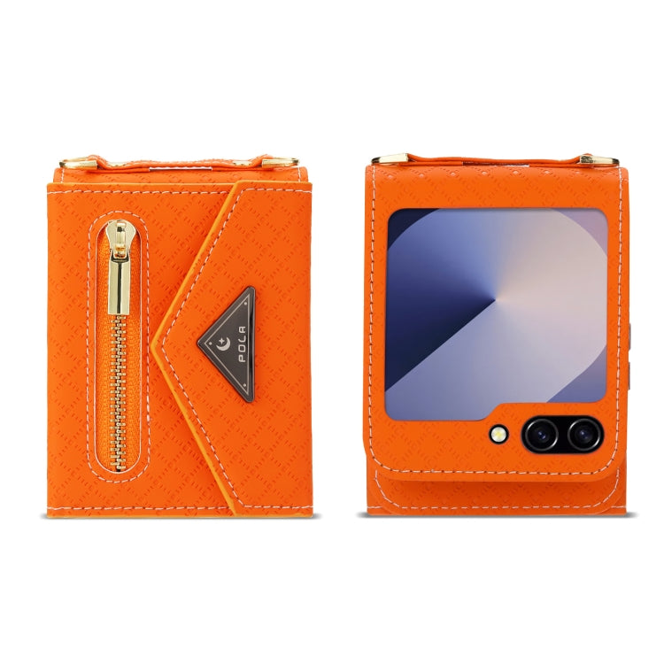 For Samsung Galaxy Z Flip6 POLA Grid Texture Multi-Card Slots Zipper Wallet Phone Case