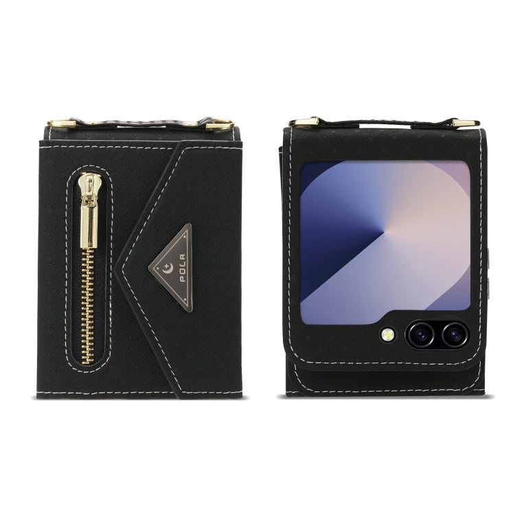 For Samsung Galaxy Z Flip6 POLA Grid Texture Multi-Card Slots Zipper Wallet Phone Case