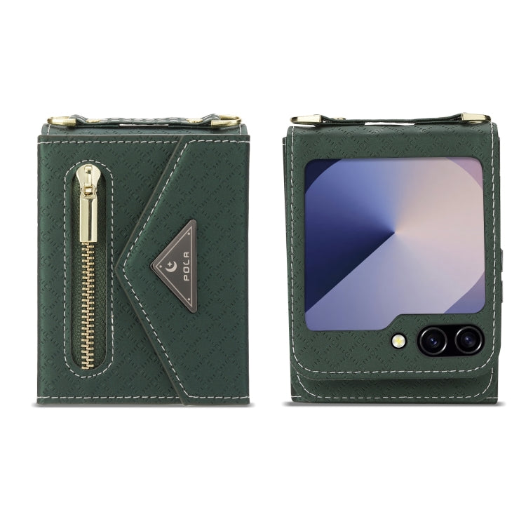 For Samsung Galaxy Z Flip6 POLA Grid Texture Multi-Card Slots Zipper Wallet Phone Case