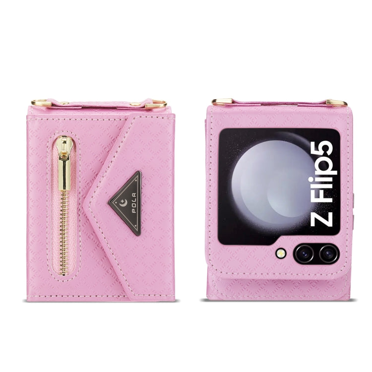 For Samsung Galaxy Z Flip5 POLA Grid Texture Multi-Card Slots Zipper Wallet Phone Case