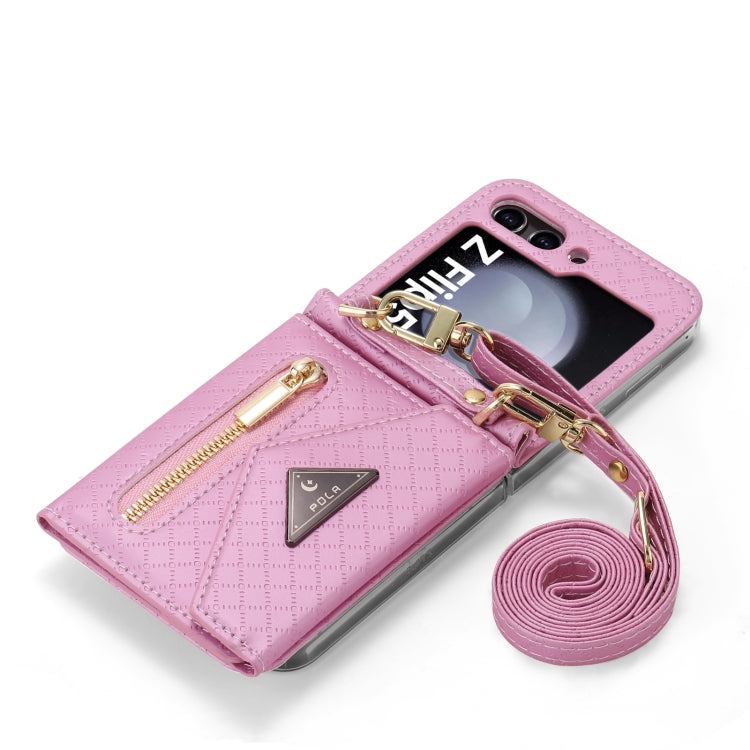 For Samsung Galaxy Z Flip5 POLA Grid Texture Multi-Card Slots Zipper Wallet Phone Case