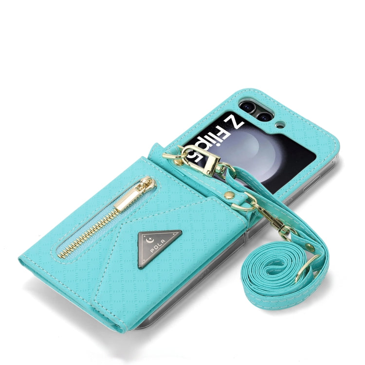 For Samsung Galaxy Z Flip5 POLA Grid Texture Multi-Card Slots Zipper Wallet Phone Case