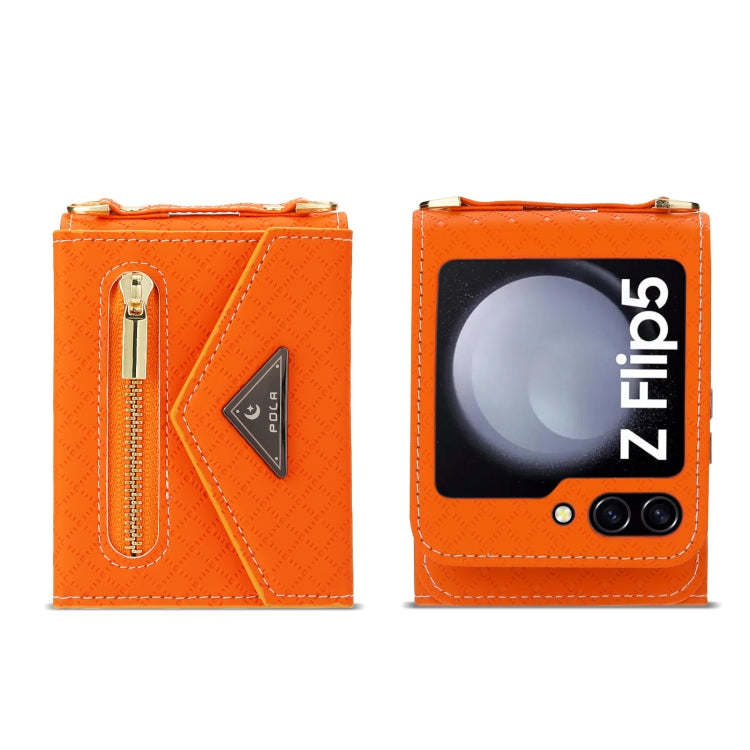 For Samsung Galaxy Z Flip5 POLA Grid Texture Multi-Card Slots Zipper Wallet Phone Case
