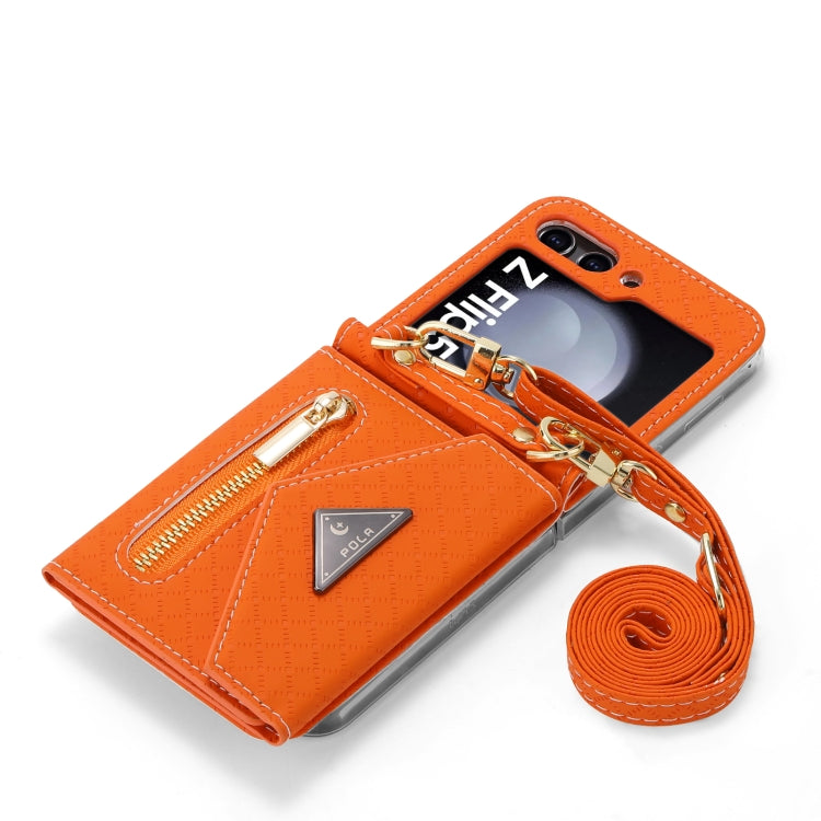 For Samsung Galaxy Z Flip5 POLA Grid Texture Multi-Card Slots Zipper Wallet Phone Case