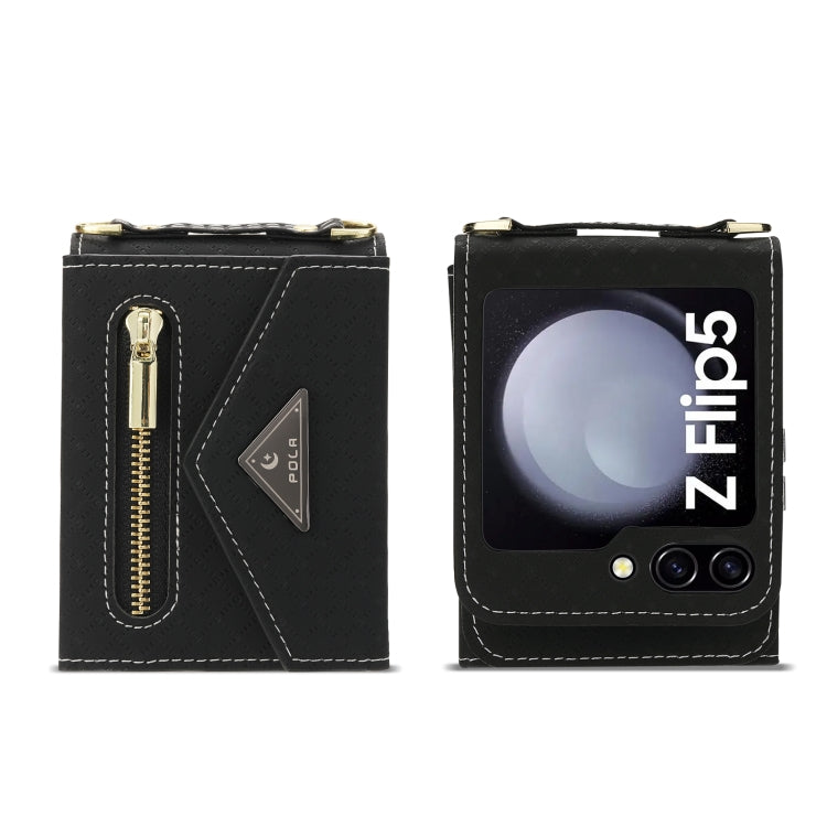 For Samsung Galaxy Z Flip5 POLA Grid Texture Multi-Card Slots Zipper Wallet Phone Case