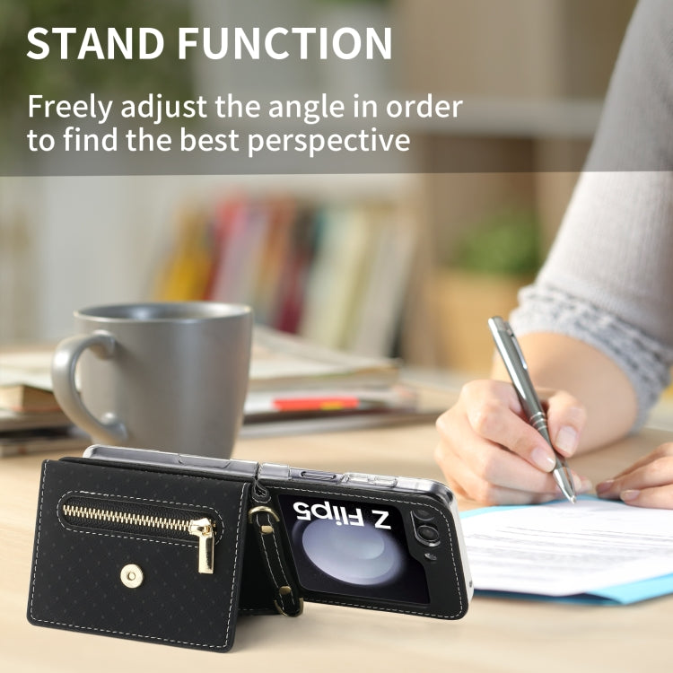For Samsung Galaxy Z Flip5 POLA Grid Texture Multi-Card Slots Zipper Wallet Phone Case