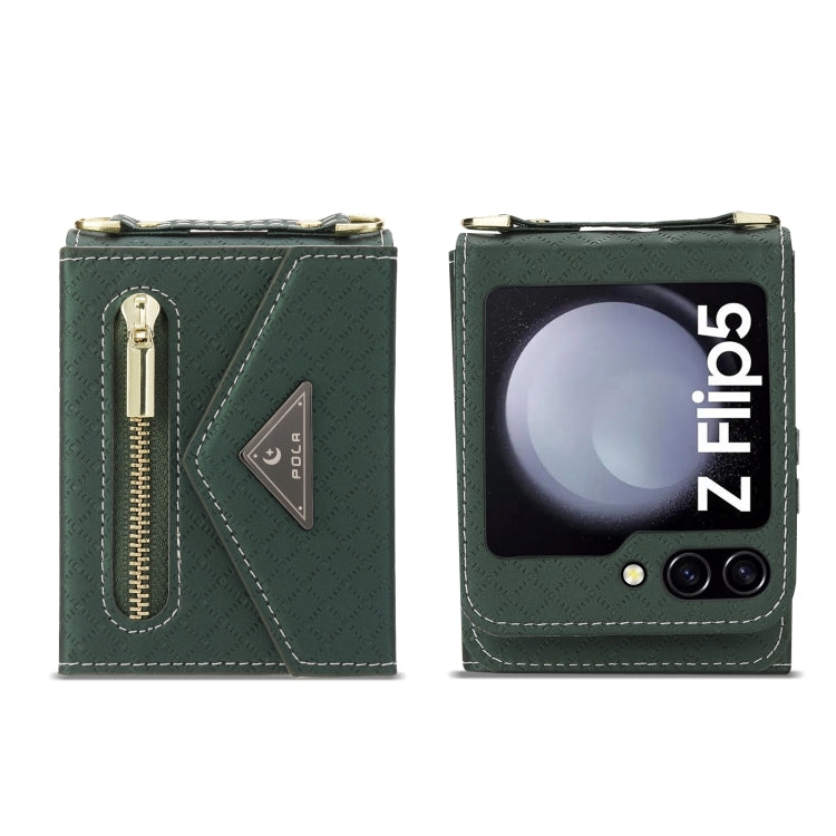 For Samsung Galaxy Z Flip5 POLA Grid Texture Multi-Card Slots Zipper Wallet Phone Case