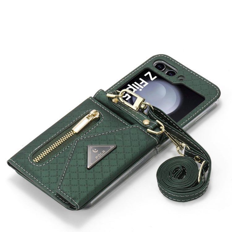 For Samsung Galaxy Z Flip5 POLA Grid Texture Multi-Card Slots Zipper Wallet Phone Case