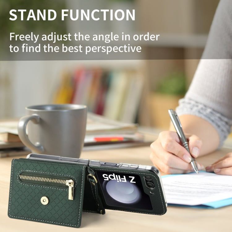 For Samsung Galaxy Z Flip5 POLA Grid Texture Multi-Card Slots Zipper Wallet Phone Case