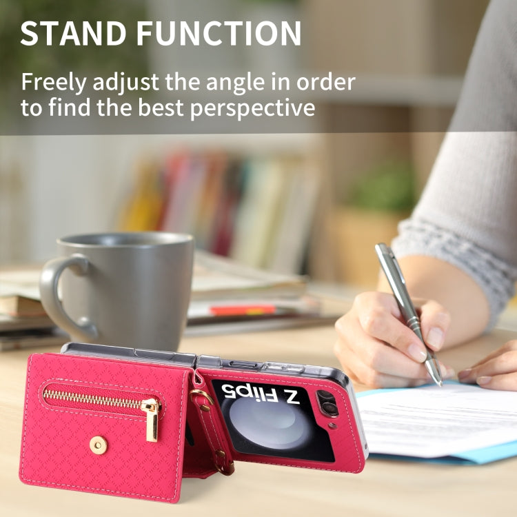 For Samsung Galaxy Z Flip5 POLA Grid Texture Multi-Card Slots Zipper Wallet Phone Case