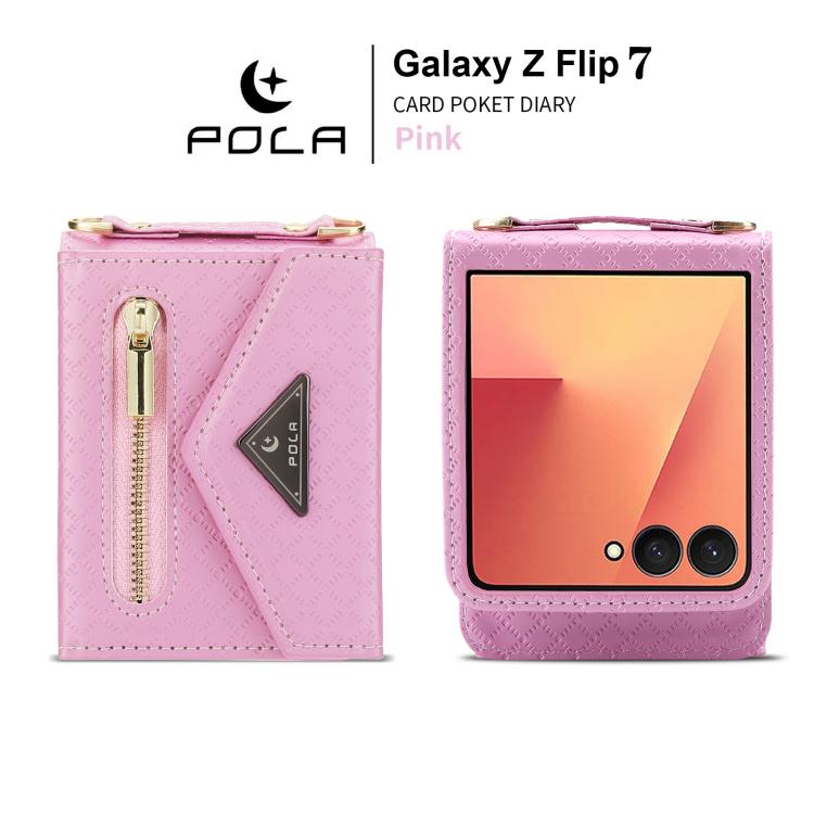 For Samsung Galaxy Z Flip7 5G POLA Grid Texture Multi-Card Slots Zipper Wallet Phone Case